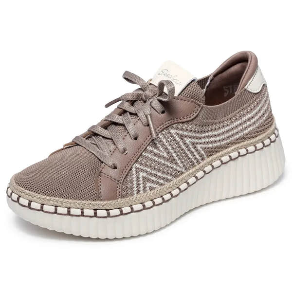 Skechers Wilshire Boulevard Bellevue Ladies Vegan Lace-Up Shoes, textile and fabric design, mocha color, chunky white sole.