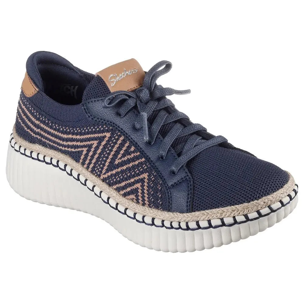Skechers Wilshire Boulevard Bellevue women's navy textile vegan lace-up shoes with patterned side details and white sporty sole.