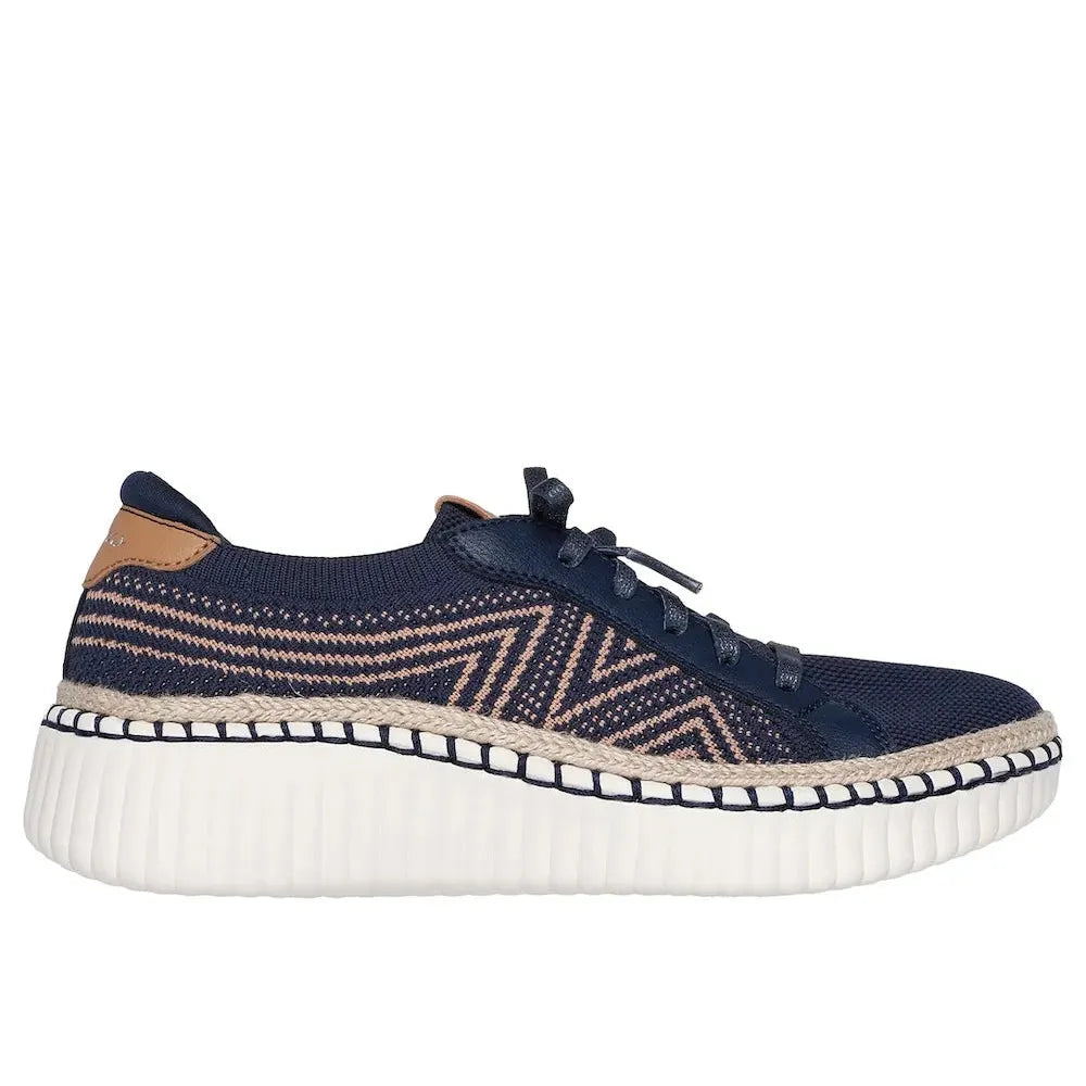 Skechers Wilshire Boulevard Bellevue ladies' navy textile vegan lace-up shoes with a chunky white sole and patterned design.