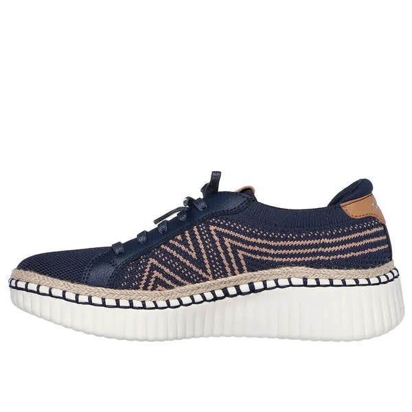 Skechers Wilshire Boulevard Bellevue Ladies navy textile vegan lace-up sneakers with lace-up closure, patterned design, and thick white sole.