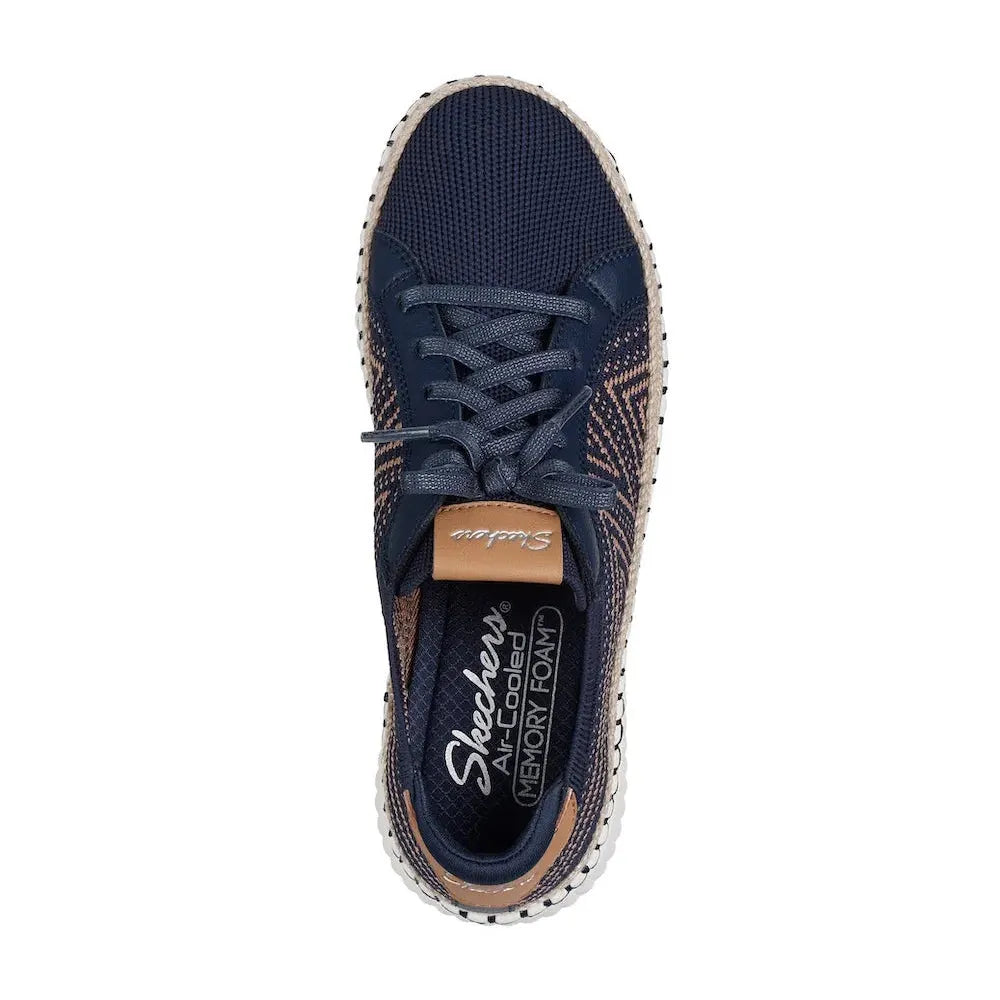 Skechers Wilshire Boulevard Ladies Navy Textile Vegan Lace-Up Shoes with memory foam insole and stylish design.
