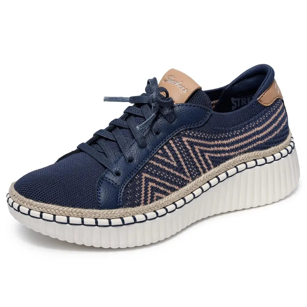 Skechers Wilshire Boulevard Bellevue Ladies Navy Vegan Lace-Up Shoes with textile upper and chunky sole.