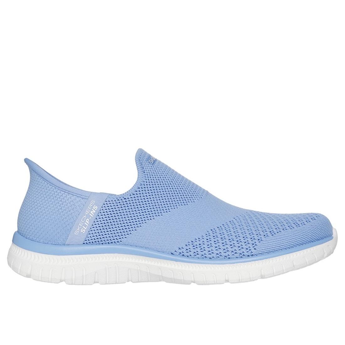 Skechers Virtue Sleek Ladies Periwinkle Textile Slip-On Trainers with breathable knit upper and white flexible sole.