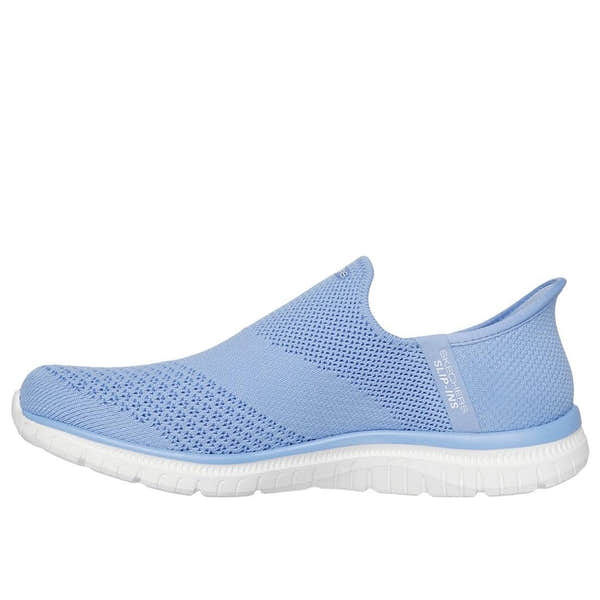 Skechers Virtue Sleek Ladies Periwinkle Textile Slip-On Trainers with breathable upper and cushioned sole.
