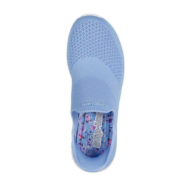 Skechers Virtue Sleek Ladies Periwinkle Textile Slip-On Trainers with breathable knit upper and floral patterned interior.
