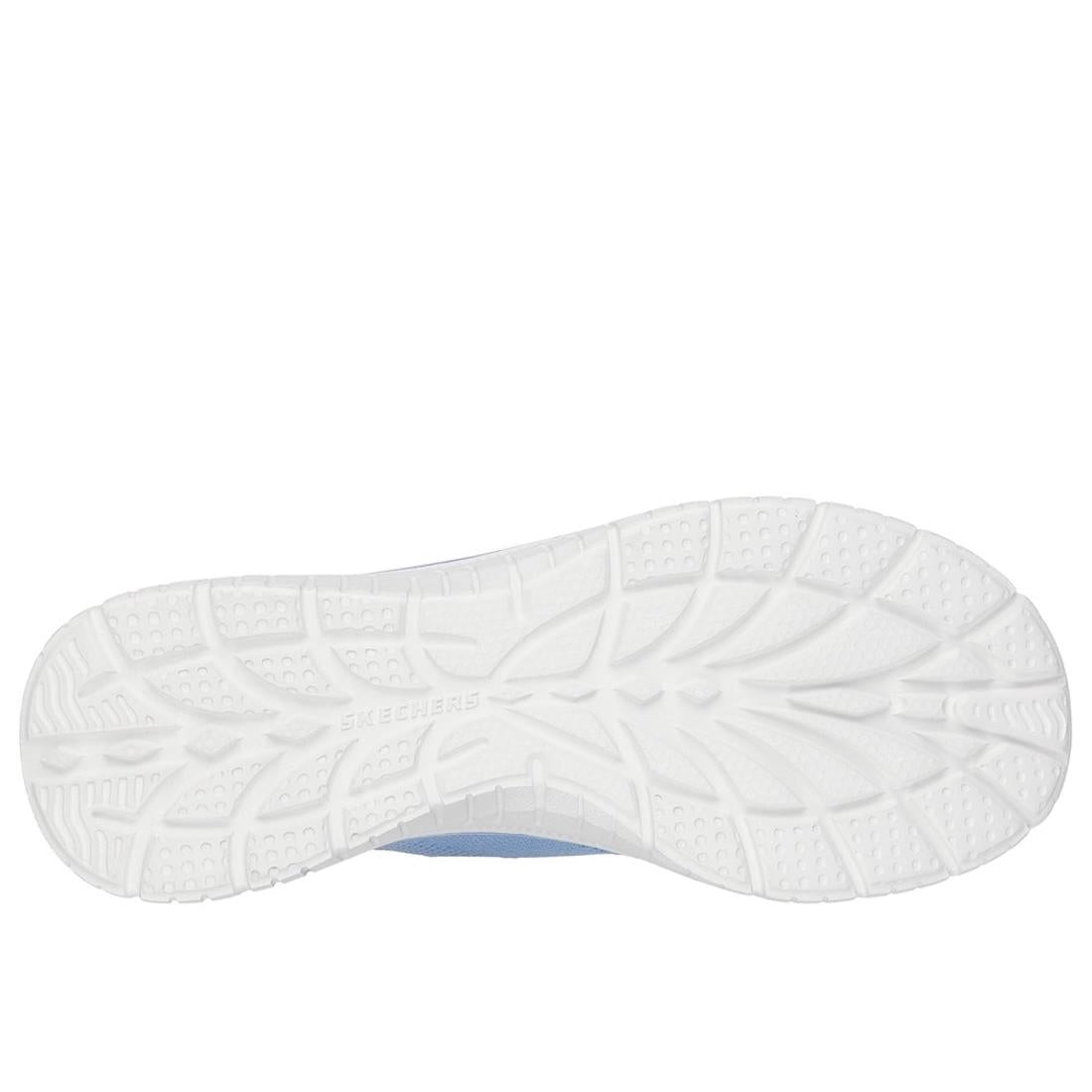 Skechers Virtue Sleek ladies slip-on trainers, periwinkle textile upper, white rubber sole, lightweight and comfortable athletic shoes.