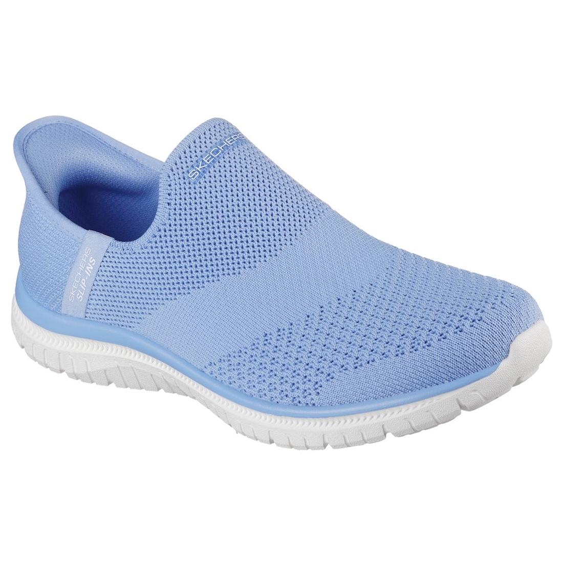 Skechers Virtue Sleek ladies slip-on trainers in periwinkle textile with white sole, lightweight and breathable athletic footwear.