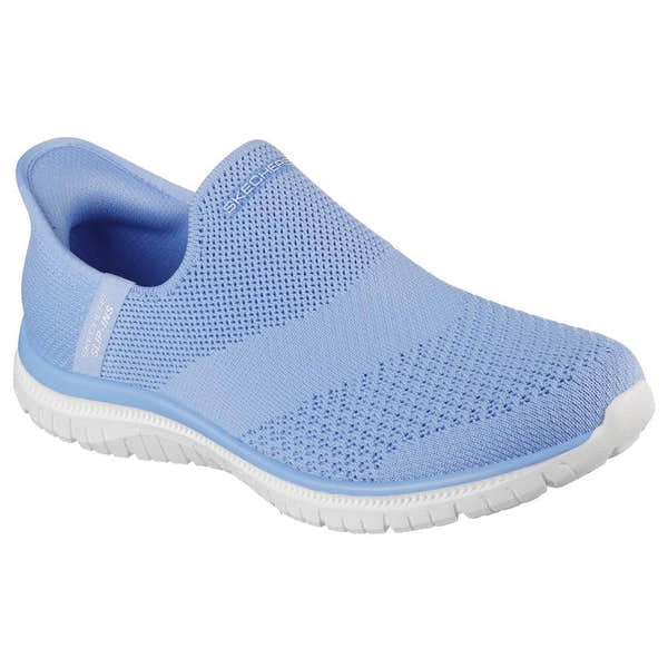 Skechers Virtue Sleek ladies slip-on trainers in periwinkle textile with white sole, lightweight and breathable athletic footwear.