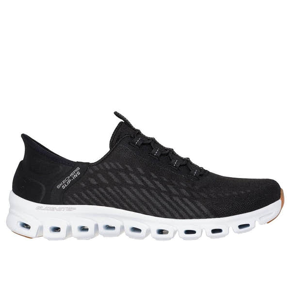 Skechers Glide Step Tranquility women's black and white textile slip-on trainers with cushioned sole and breathable design.