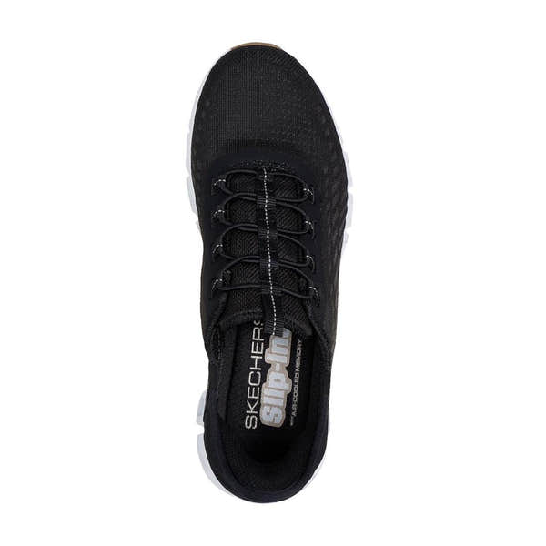 Skechers Glide Step Tranquility ladies' black and white textile slip-on trainers with lace-up design and cushioned sole.