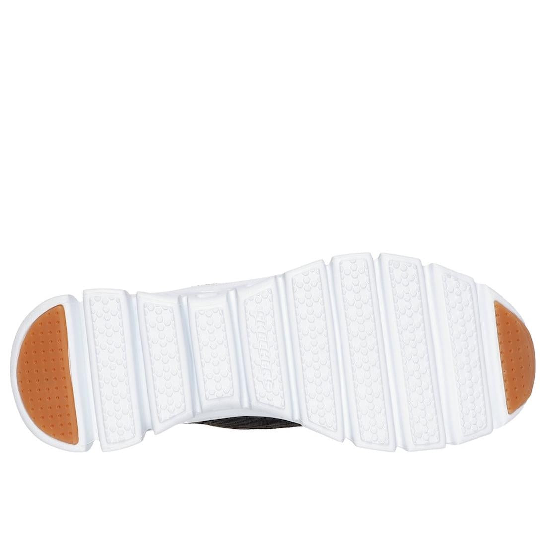 Skechers Glide Step Tranquility Ladies Slip-On Trainers in Black/White Textile with orange heel grips, cushion sole, lightweight design.