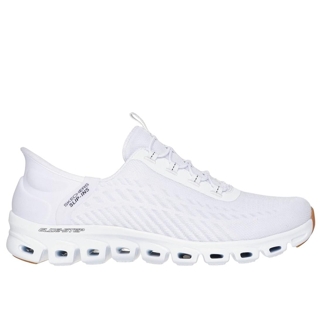 Skechers Glide Step Tranquility ladies' white and black textile slip-on trainers with cushioned sole and breathable design.