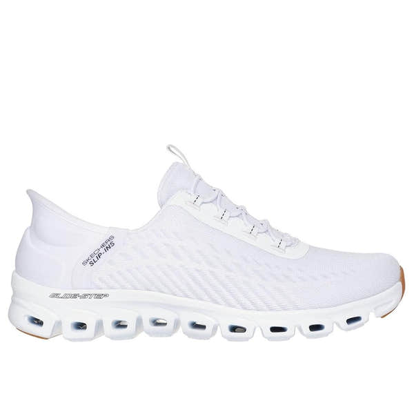 Skechers Glide Step Tranquility ladies' white and black textile slip-on trainers with cushioned sole and breathable design.