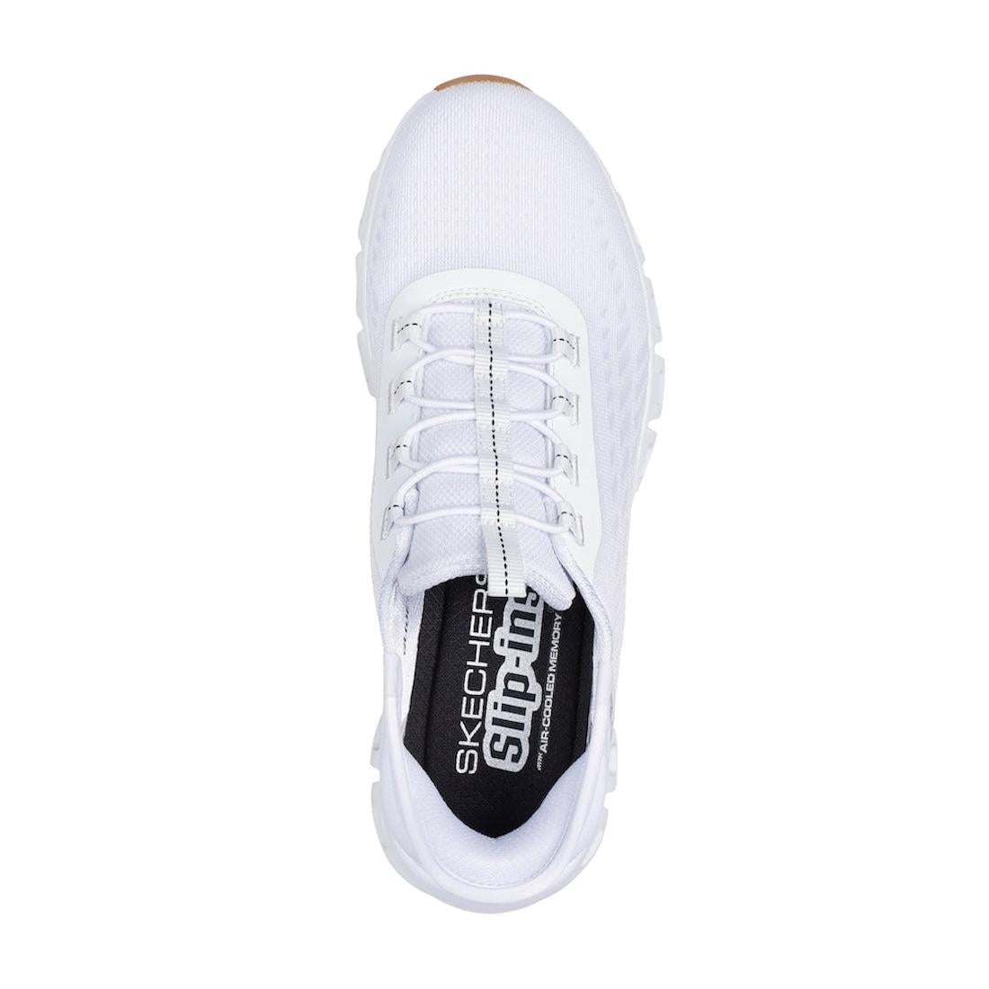Skechers ladies white and black Glide Step Tranquility slip-on trainers with breathable textile upper and cushioned sole.