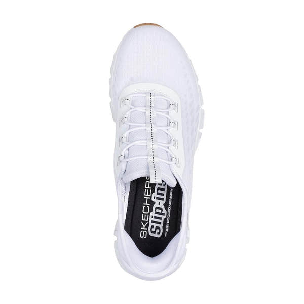 Skechers ladies white and black Glide Step Tranquility slip-on trainers with breathable textile upper and cushioned sole.