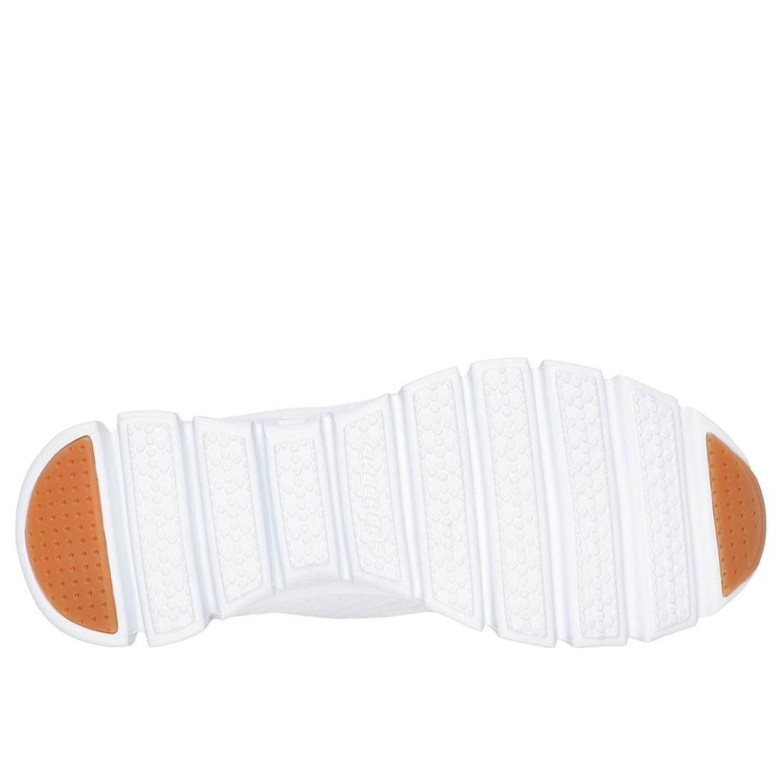 Skechers Glide Step Tranquility Ladies White/Black Textile Slip-On Trainers with orange grip pads, cushioned sole, and slip-on design.