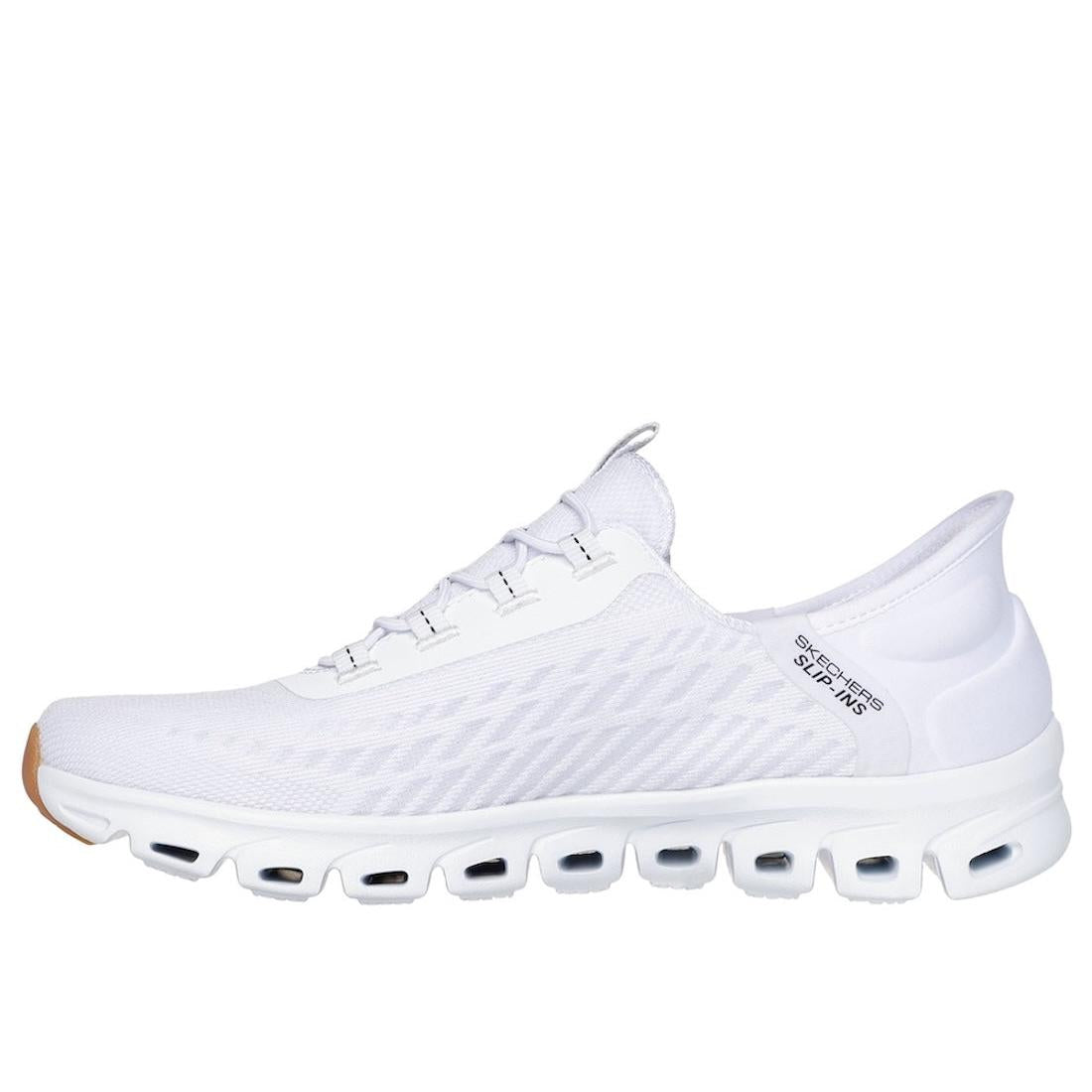 Skechers 104574 Glide Step Tranquility Ladies White/Black textile slip-on trainers with cushioned sole and breathable upper.