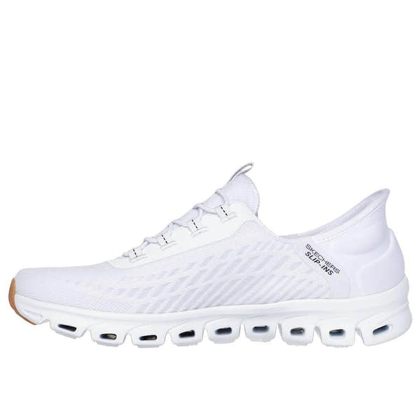 Skechers 104574 Glide Step Tranquility Ladies White/Black textile slip-on trainers with cushioned sole and breathable upper.