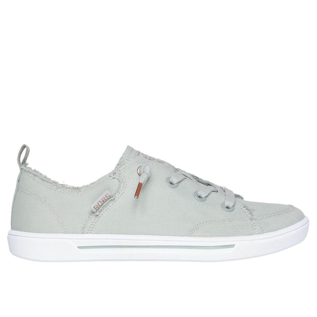 Skechers Ladies Mint Textile Lace-Up Trainers, casual lightweight sneakers with distressed edges and white sole.