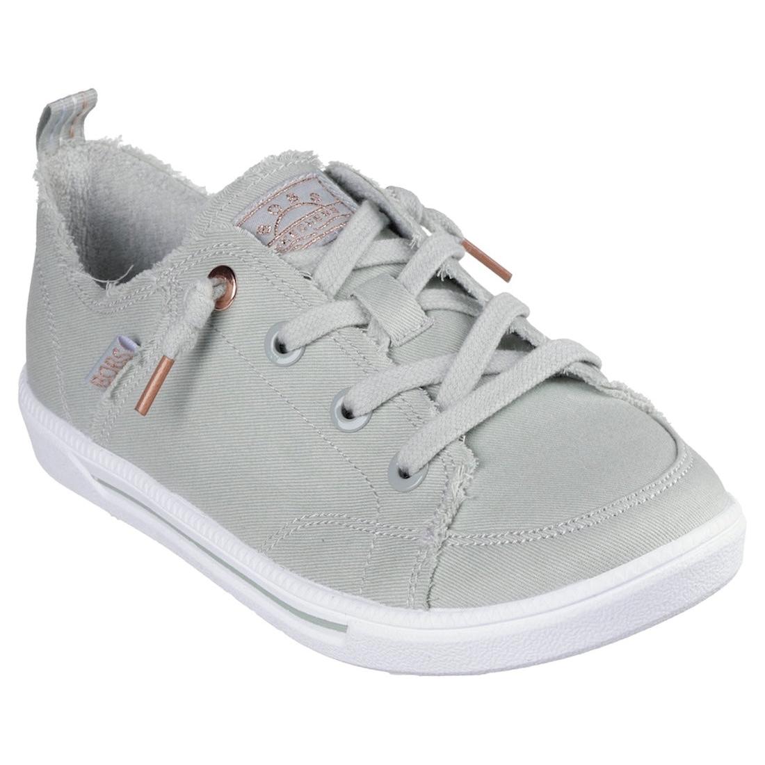Skechers Ladies Mint Textile Lace-Up Trainers, casual low-cut sneakers with frayed details and white soles.