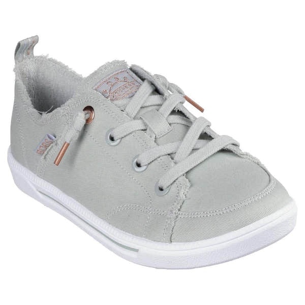 Skechers Ladies Mint Textile Lace-Up Trainers, casual low-cut sneakers with frayed details and white soles.