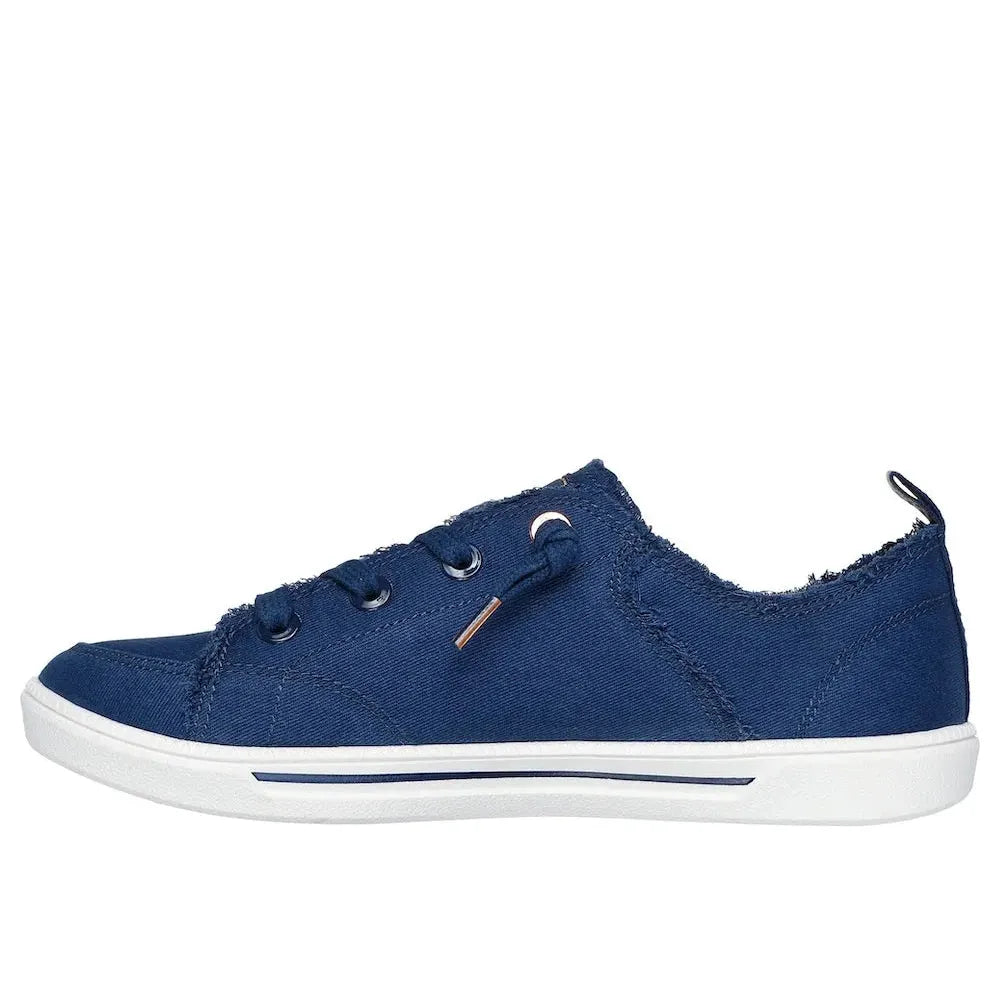 Skechers 114150 B Cute 2.0 Ladies Navy Textile Vegan Slip-On Trainers with frayed edges and white sole.