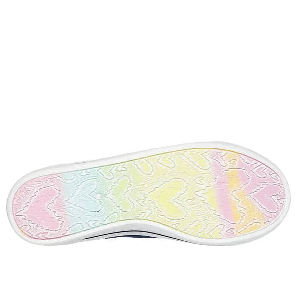 Skechers 114150 B Cute 2.0 Ladies Navy Textile Vegan Slip-On Trainers with colorful pastel sole design.
