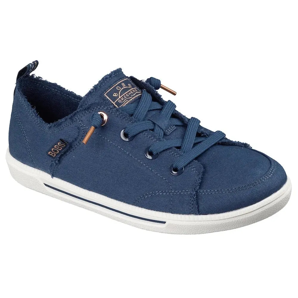 Skechers B Cute 2.0 Ladies Navy Textile Vegan Slip-On Trainers, casual athletic shoes with laced front and branded details.