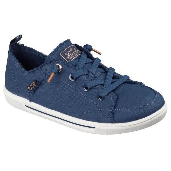 Skechers B Cute 2.0 Ladies Navy Textile Vegan Slip-On Trainers, casual athletic shoes with laced front and branded details.