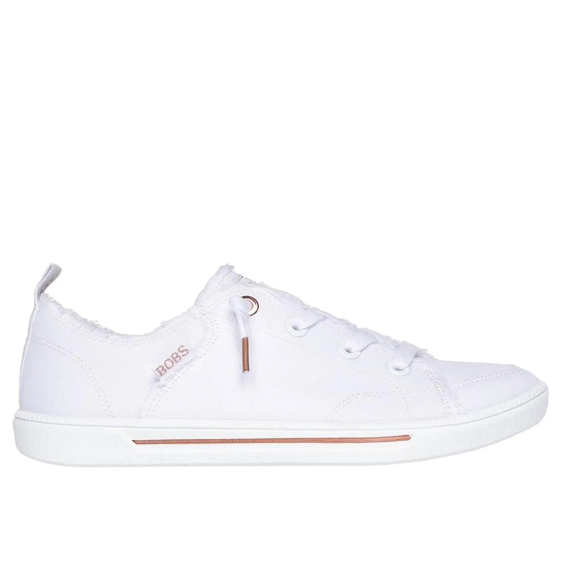Skechers 114150 B Cute 2.0 ladies white textile lace-up trainers with rose gold accents and casual sporty style.
