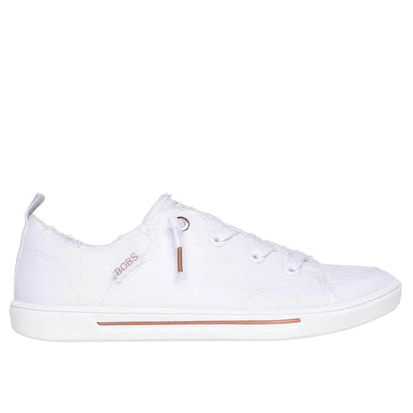 Skechers 114150 B Cute 2.0 ladies white textile lace-up trainers with rose gold accents and casual sporty style.