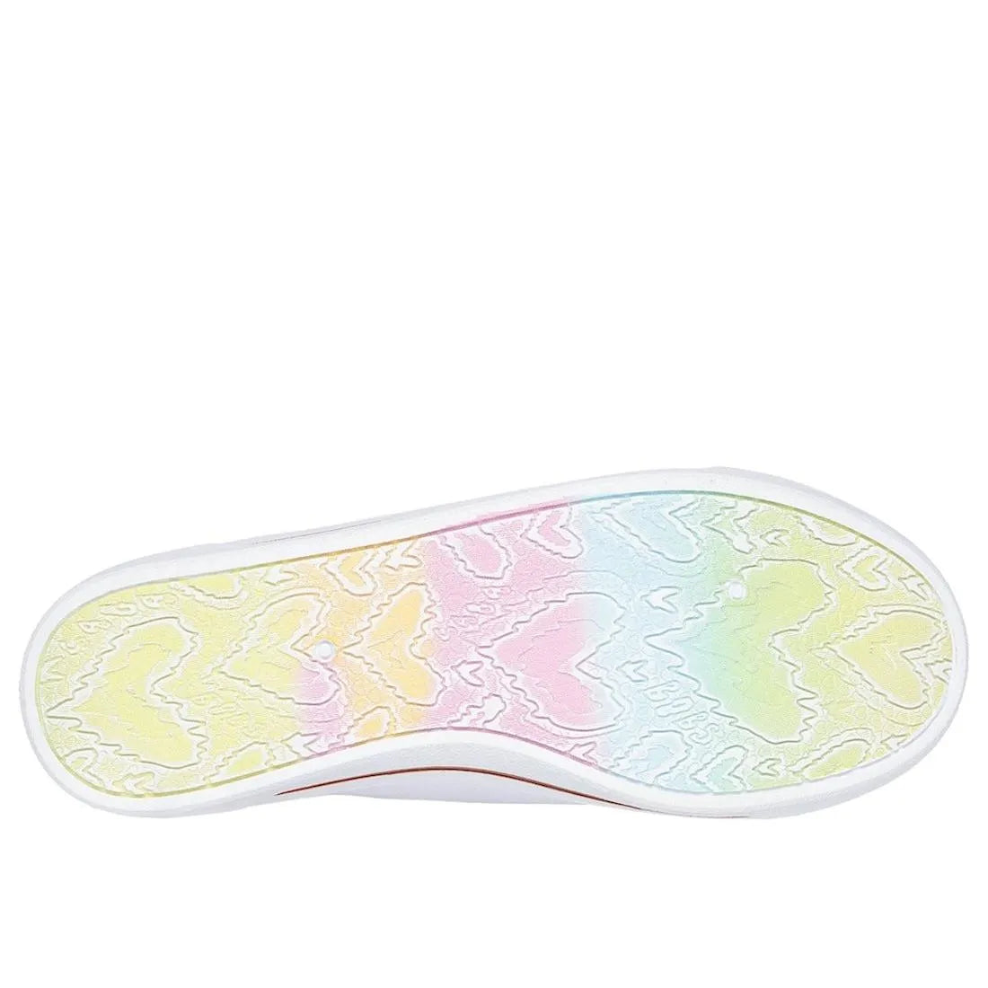 Skechers 114150 B Cute 2.0 Ladies White Textile Lace-Up Trainers with colorful patterned sole and cushioned design.