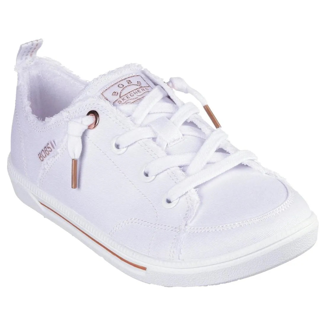 Skechers 114150 B Cute 2.0 women's white textile lace-up trainers with frayed edges and metallic accents.