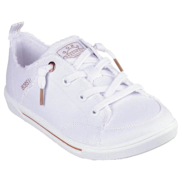 Skechers 114150 B Cute 2.0 women's white textile lace-up trainers with frayed edges and metallic accents.