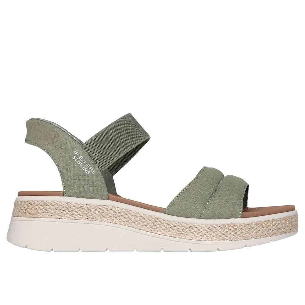 Skechers BOBS Sun Ray women's olive vegan textile elasticated Sandals with platform sole and woven espadrille detail.
