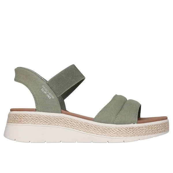 Skechers BOBS Sun Ray women's olive vegan textile elasticated Sandals with platform sole and woven espadrille detail.