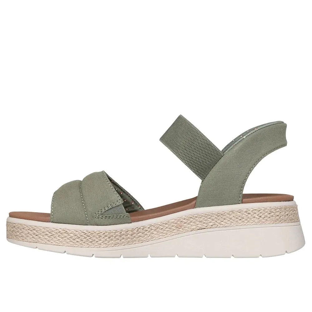 Skechers BOBS Sun Ray ladies' olive vegan textile elasticated sandals with a chunky platform and woven detail.