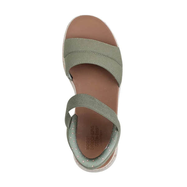 Skechers BOBS Sun Ray vegan elasticated sandals for women, olive textile with cushioned footbed and polka dot lining.