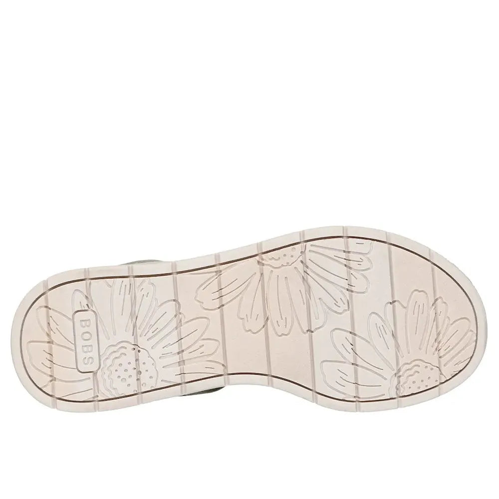 Skechers BOBS Sun Ray ladies olive vegan textile elasticated sandals with floral patterned rubber sole.