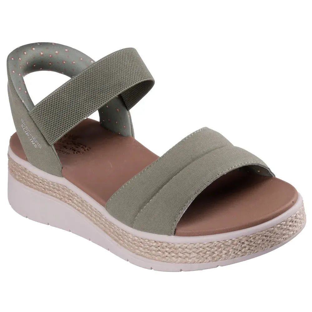 Skechers BOBS Sun Ray women's olive textile vegan elasticated sandal with cushioned sole and wedge espadrille heel.
