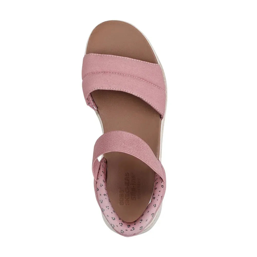 Skechers BOBS Sun Ray women's rose vegan textile elasticated sandals with padded straps and leopard print lining.