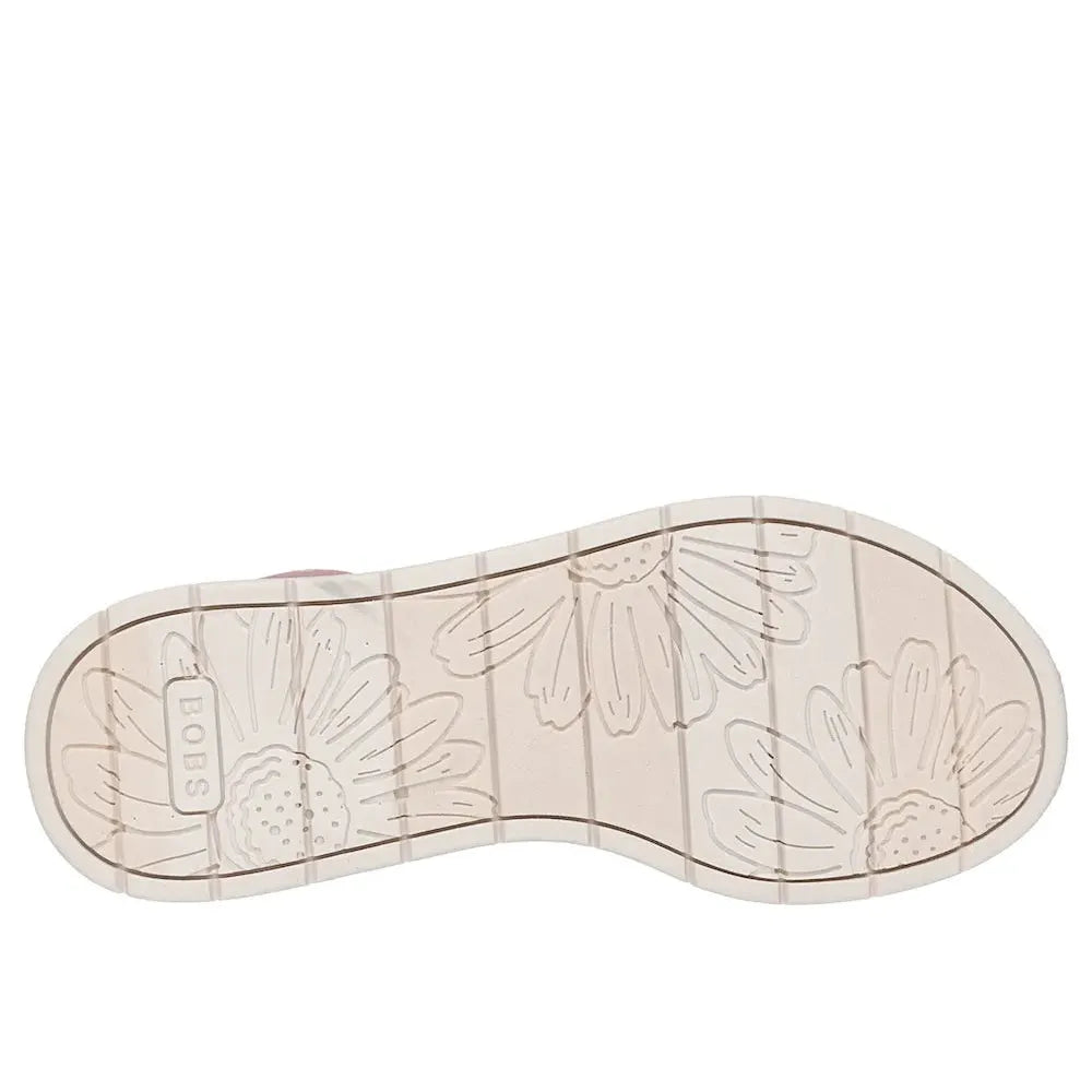 Skechers BOBS Sun Ray ladies vegan rose textile slip-on elasticated sandals with floral patterned sole.