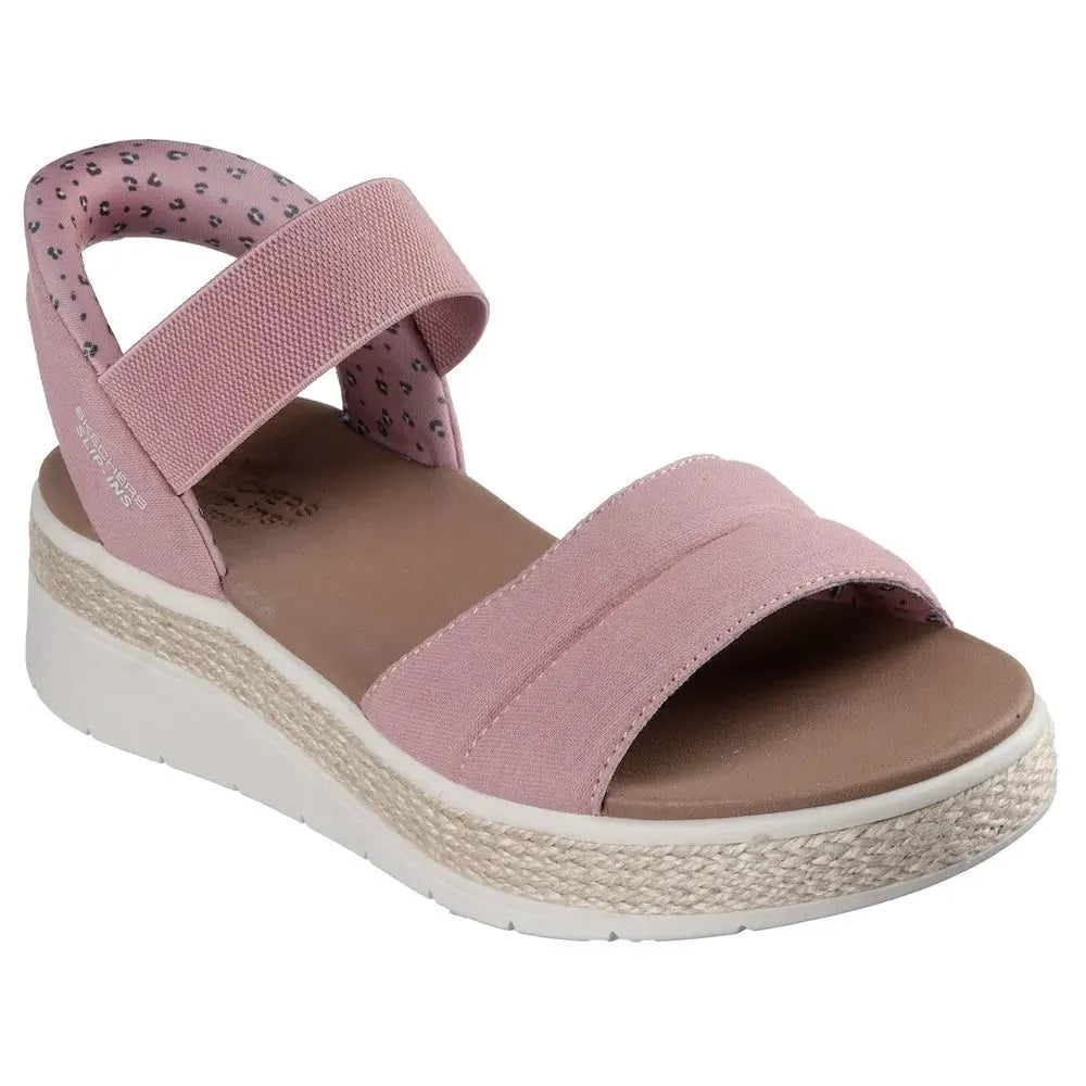 Skechers BOBS Sun Ray women's rose-colored vegan elasticated textile sandals with cushioned sole and platform wedge.