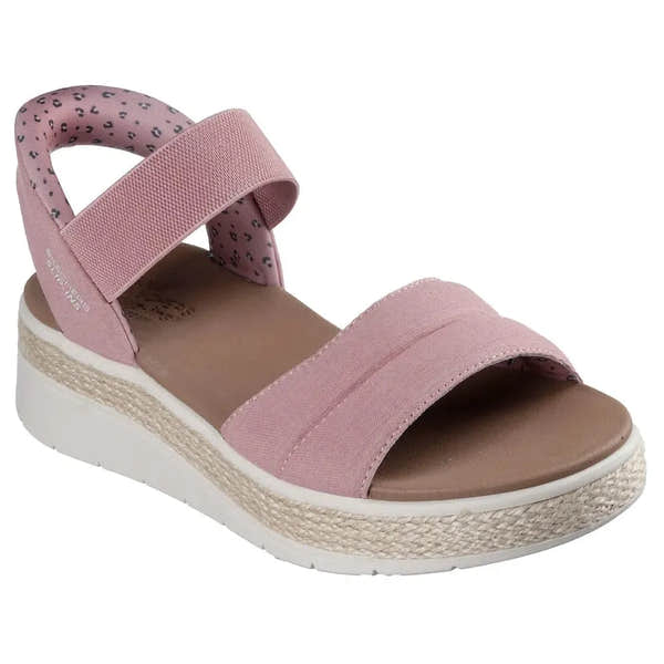 Skechers BOBS Sun Ray women's rose-colored vegan elasticated textile sandals with cushioned sole and platform wedge.