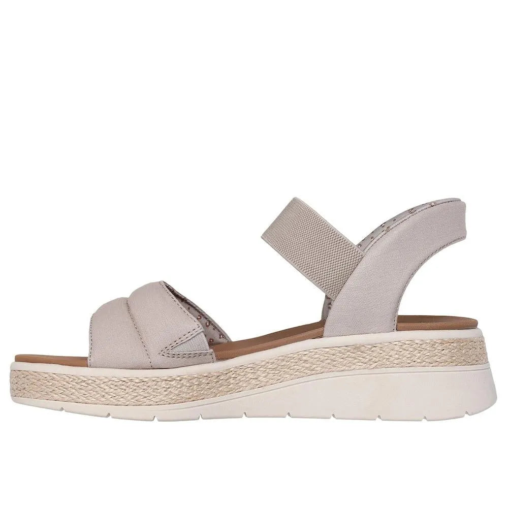 Skechers BOBS Sun Ray women's taupe vegan elasticated textile sandals with platform sole and comfortable design.