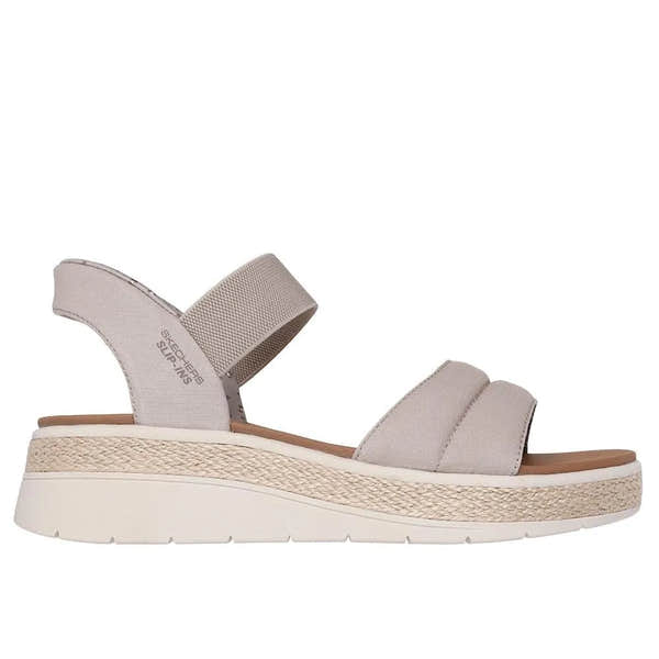 Skechers BOBS Sun Ray women's taupe vegan elasticated textile sandals with slip-on design and wedge sole.