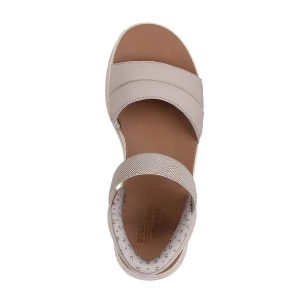 Skechers BOBS Sun Ray ladies taupe textile vegan elasticated slip-on sandals with cushioned footbed.