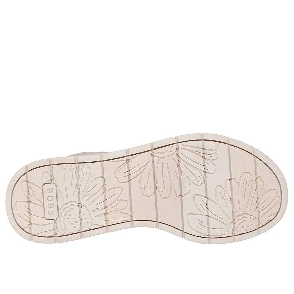 Skechers BOBS Sun Ray ladies taupe vegan textile elasticated sandals with floral patterned outsole.
