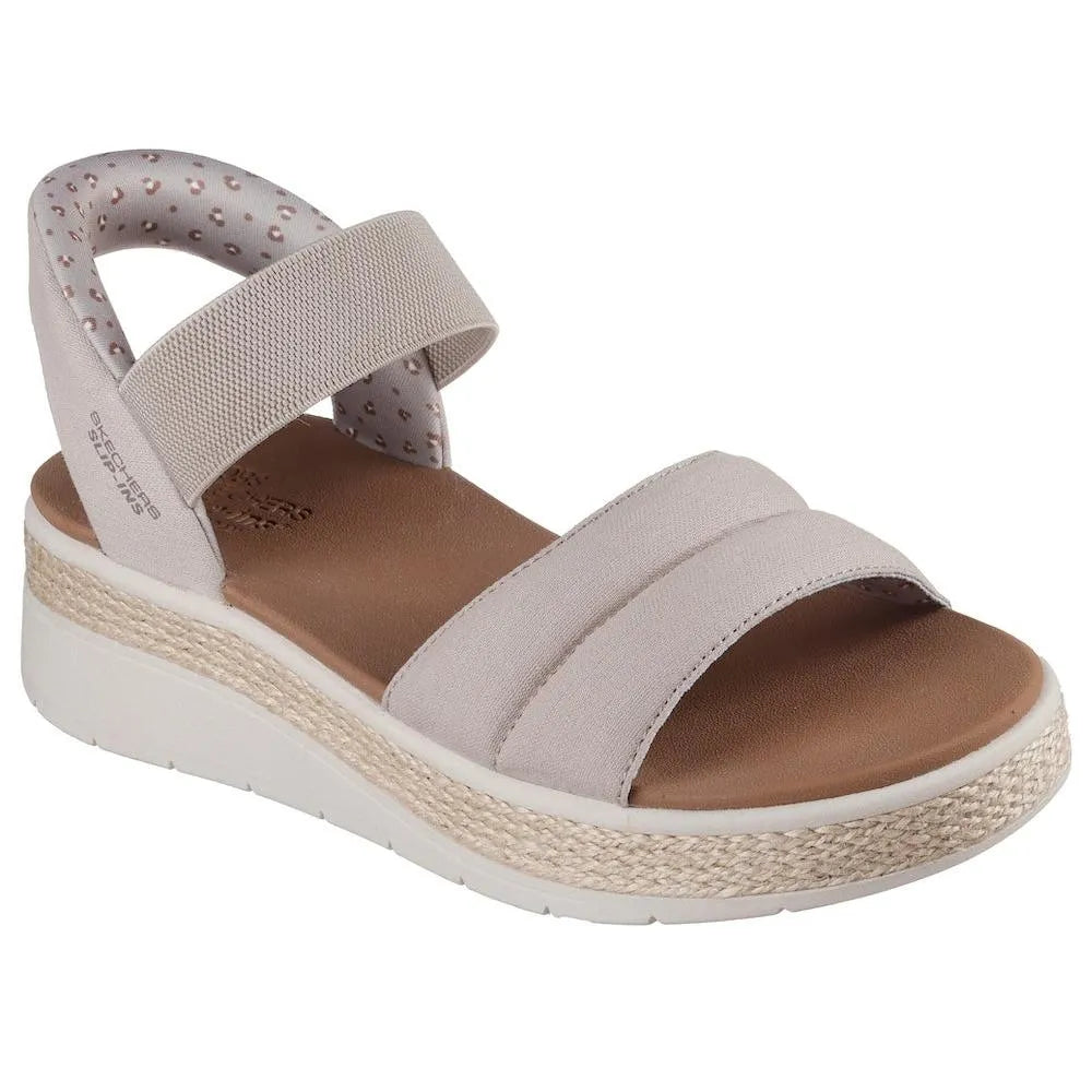 Skechers BOBS Sun Ray Ladies Taupe Vegan Textile Elasticated Sandals with cushioned footbed and wedge sole.