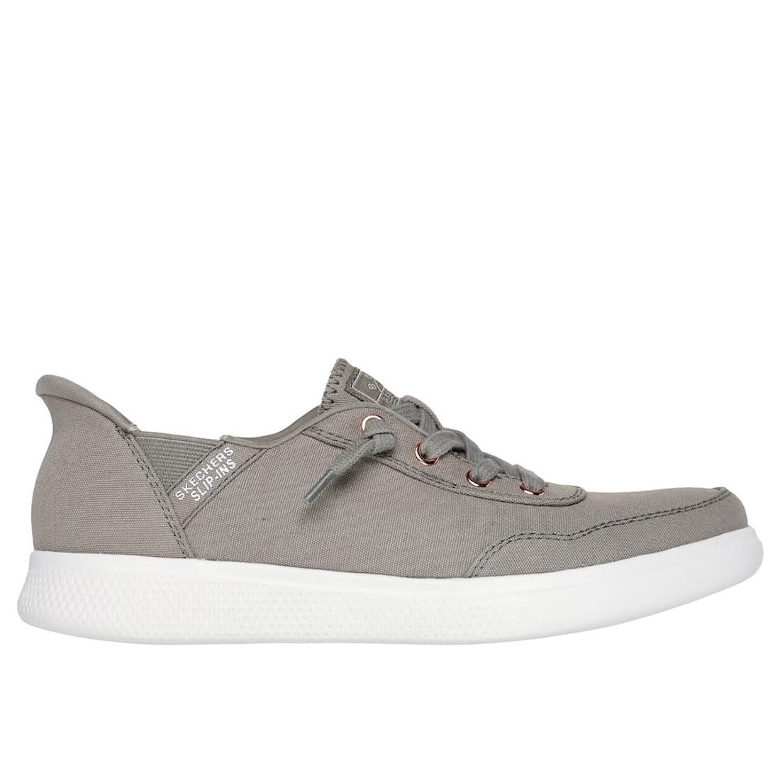 Skechers 114815 Skip Cute B Cute Sweet ladies' olive textile lace-up trainers with white sole, casual walking shoes.